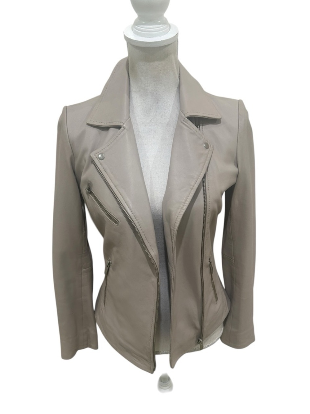 Reiss Taupe beige lamb Leather Asymmetric silver zip Moto Jacket lined size 2